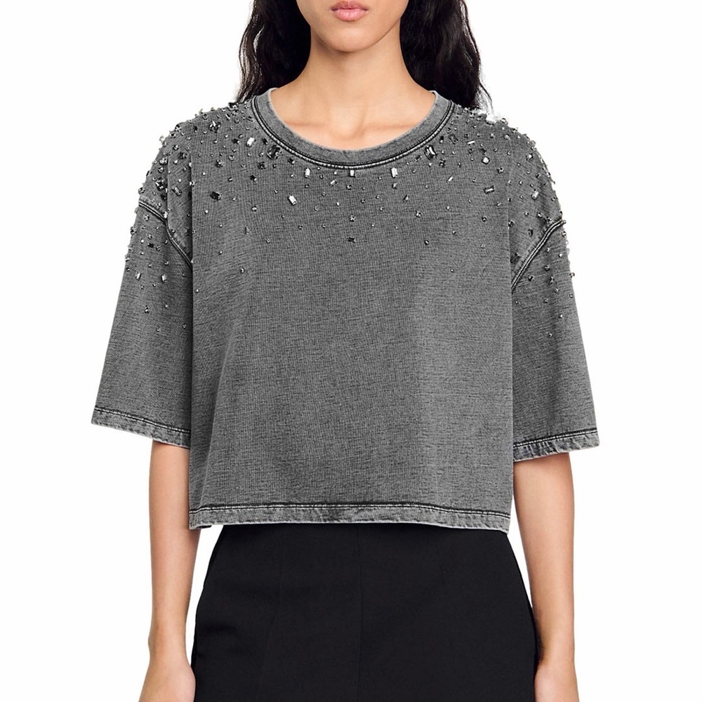 Sandro Stones Embellished Cropped Tee NWOT